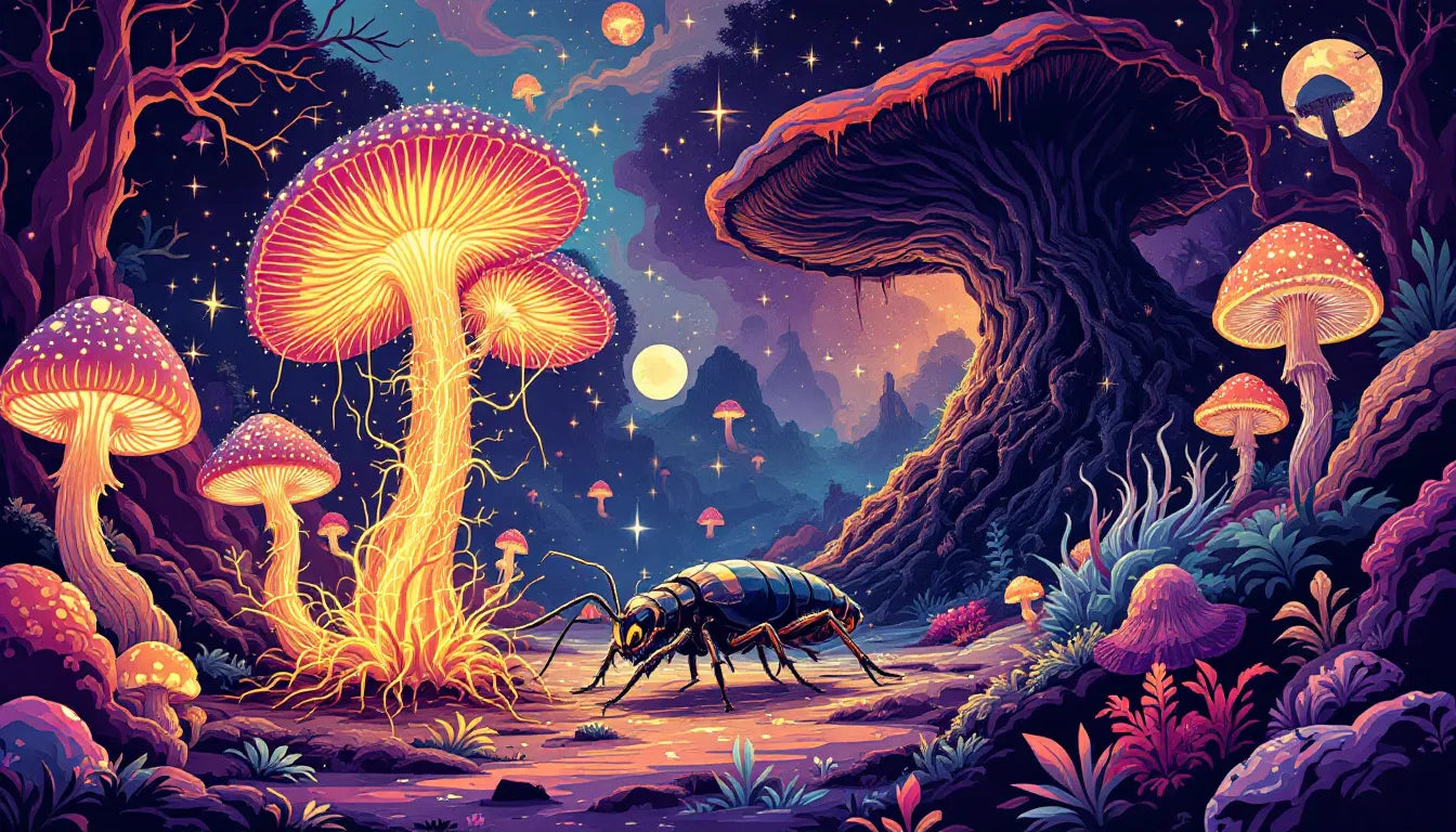 Trippy psychedelic illustration of bizarre mushrooms like Cordyceps, Lion's Mane, and Bleeding Tooth Fungus, glowing in neon hues with eerie details, highlighting their surprising health benefits.