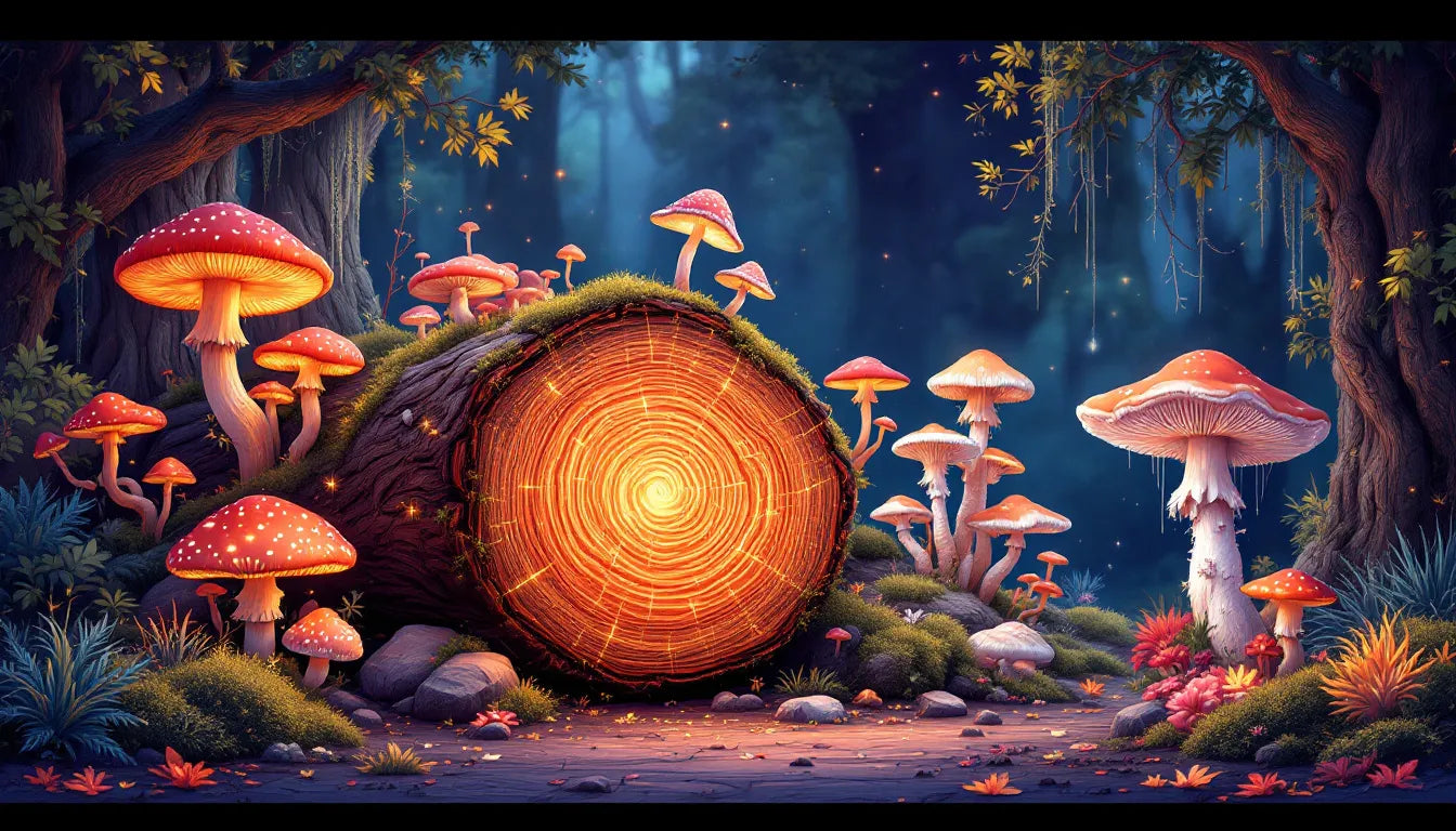 Illustration of various mushrooms growing on an oak log, including shiitake, reishi, and lion’s mane, with a vibrant psychedelic background highlighting mycelium growth.