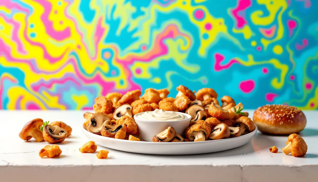 A colorful, high-impact image showcasing mouth-watering mushroom appetizers next to traditional meat appetizers, visually sparking the debate on whether mushrooms can replace meat.