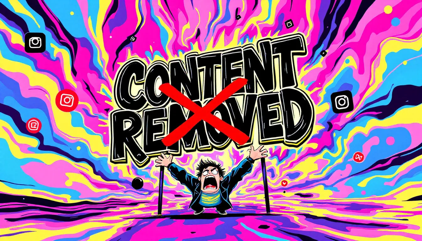 A shocked content creator faces a ‘Content Removed’ message from Instagram with a psychedelic, trippy background, symbolizing censorship in the psychedelic space.