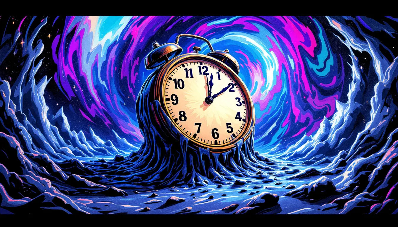 Trippy psychedelic illustration of a warped clock melting through a cosmic vortex, symbolizing the sensation of time slowing down in altered states of consciousness.