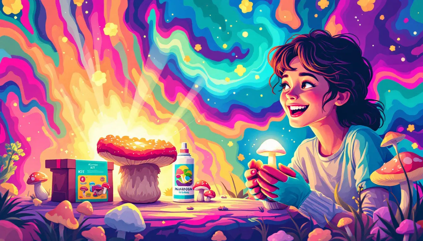 Vibrant psychedelic pop art illustration of mushroom-growing kits as gifts, featuring colorful mushrooms, kits, and a joyful gardener in a swirling background.