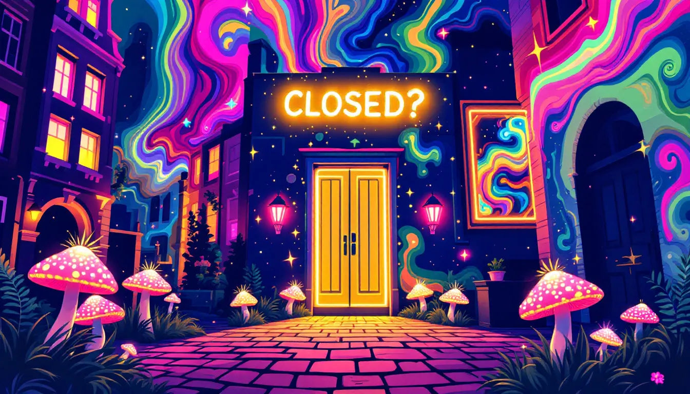 Psychedelic pop art illustration of Amsterdam’s last shroom lounge, featuring neon mushrooms and a glowing 'CLOSED?' sign.