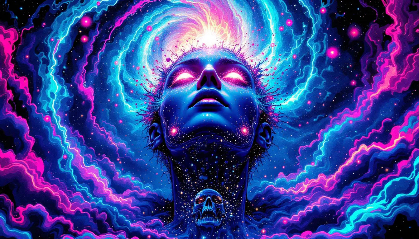 A psychedelic-inspired illustration of a figure dissolving into cosmic energy, symbolizing ego death and transcendence through psychedelics.