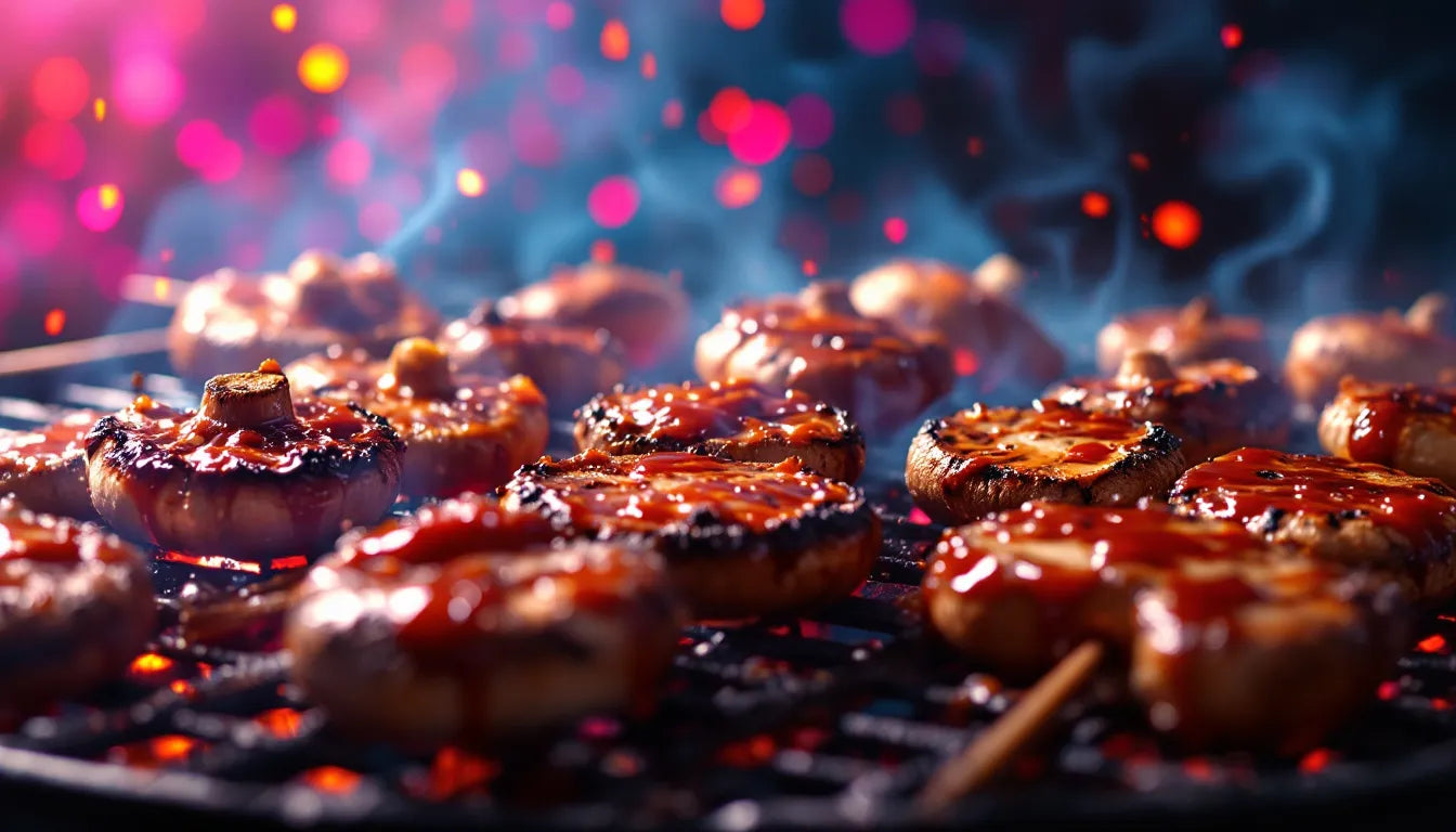 Sizzling grilled mushrooms with BBQ sauce over open flames, highlighting vegan BBQ recipes and plant-based grilling options.