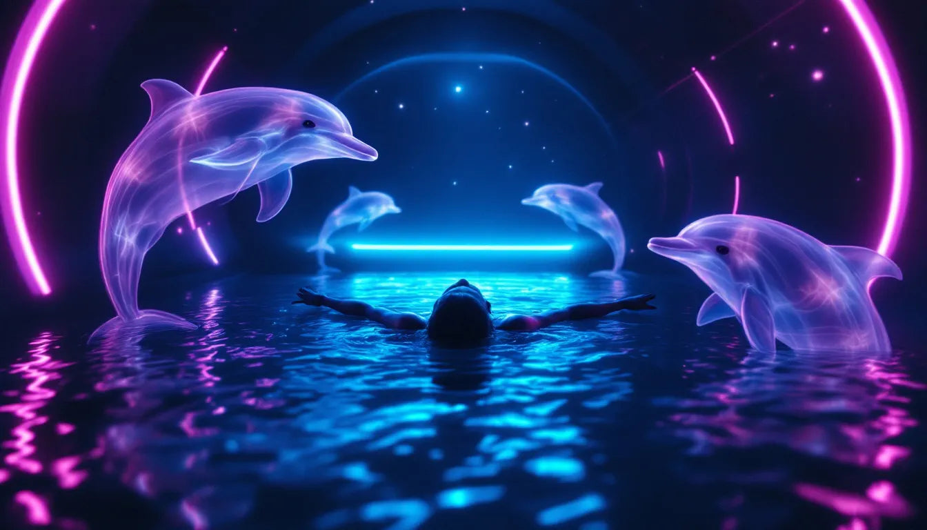 A person floating weightlessly in a sensory deprivation tank with psychedelic neon visuals and ghostly dolphin figures, symbolizing altered consciousness and John C. Lilly's experiments.