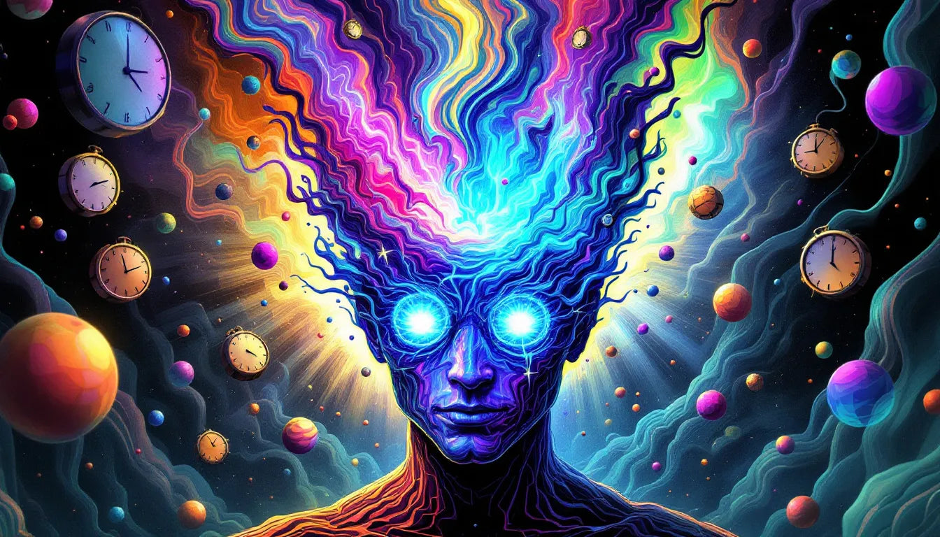 Trippy surreal illustration of a human brain glowing with psychedelic colors, symbolizing the placebo effect mimicking psychedelic experiences.