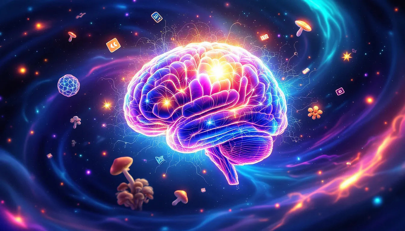 Psychedelic-themed illustration of an expanding human brain with floating LSD tabs, psilocybin mushrooms, and serotonin molecules, representing their role in mental health treatment.