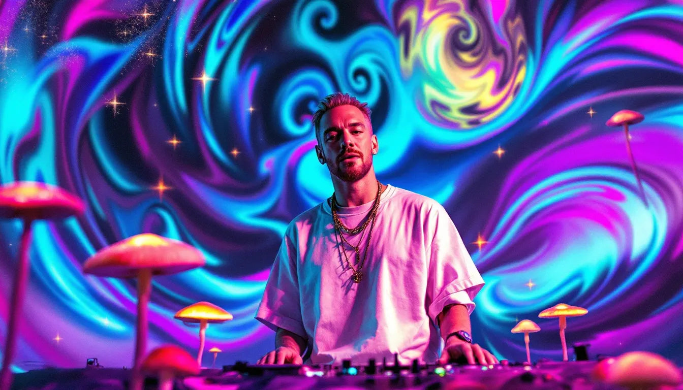 Diplo in a neon-lit psychedelic setting, referencing his LSD discussion on live television and the growing mainstream acceptance of psychedelics.