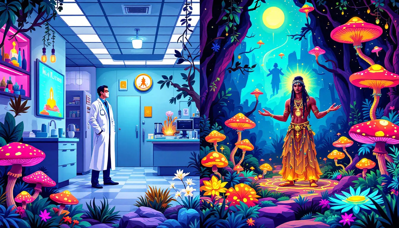 A psychedelic pop-art image depicting a split between corporate psilocybin therapy with a doctor in a clinic and an underground guide in a vibrant, mystical setting with glowing mushrooms.