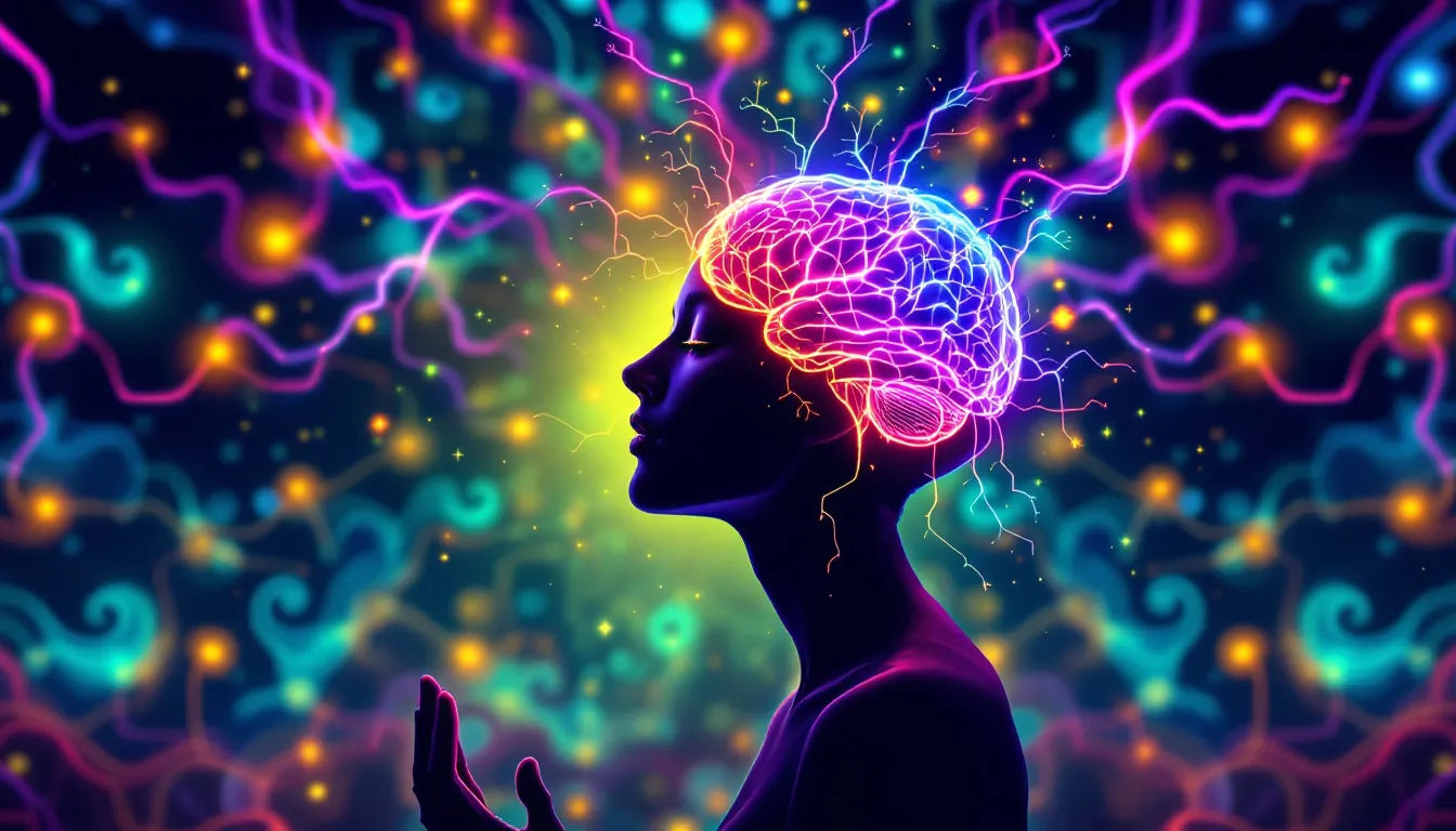 A vibrant psychedelic-themed illustration of a glowing human brain with swirling neural connections, symbolizing behavioral psychedelics and their impact on mental health, set against a trippy pop art background.