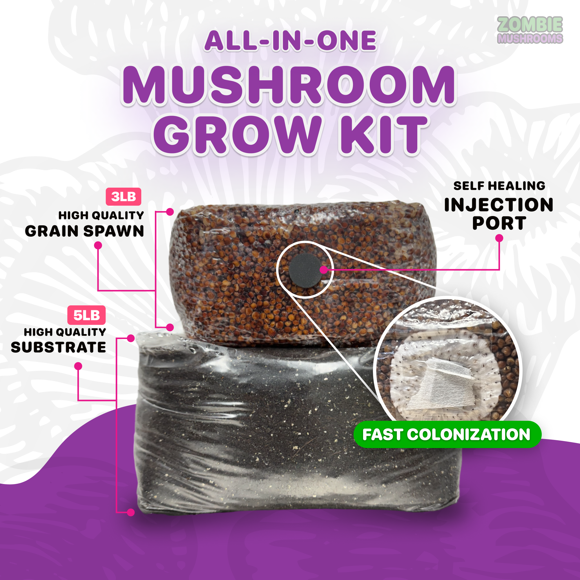 an image of all-in-one mushroom grow kit and the self healing injection port